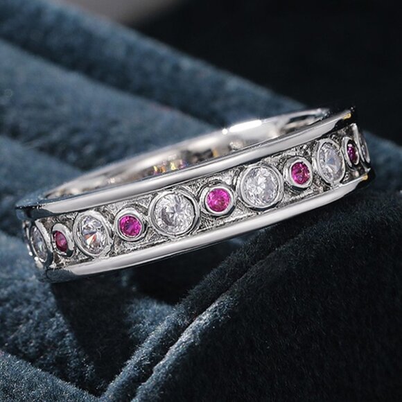 💝 "Eternity 925 Silver Plated White Red Inlaid CZ Bling Dainty Rings,UNVN12236 - Picture 1 of 3